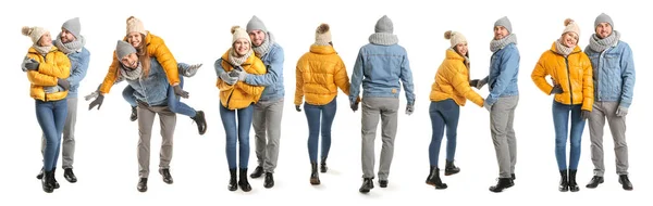 Casal Feliz Roupas Inverno Fundo Branco — Fotografia de Stock