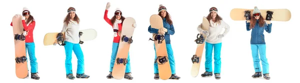 Beyaz Arka Planda Kış Kıyafetleri Içinde Kadın Snowboardcu — Stok fotoğraf