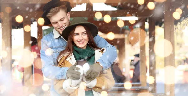Happy Young Couple Christmas Fair Outdoors — Stock Photo, Image