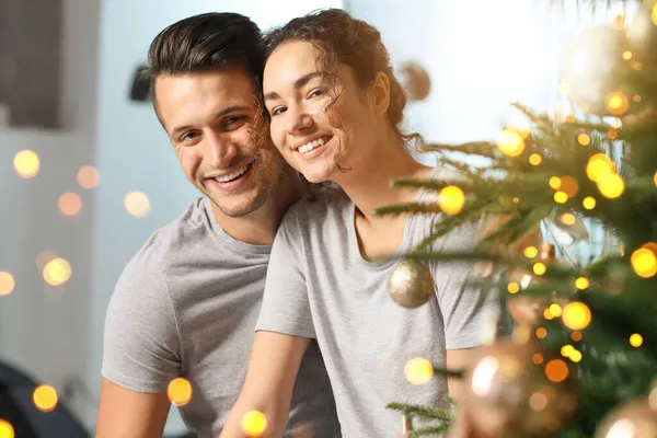 Happy Young Couple Christmas Tree Home — Stock Photo, Image