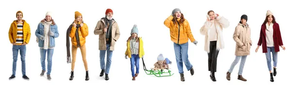 Grupp Olika Människor Vinterkläder Vit Bakgrund — Stockfoto
