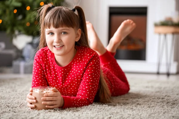 Little Girl Cup Hot Cocoa Home — Stock Photo, Image