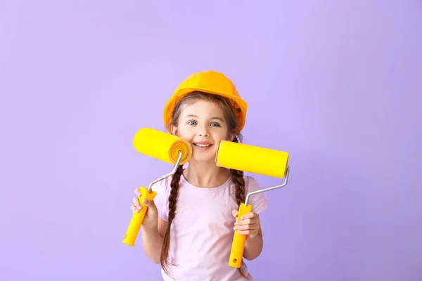 Cute Little Girl Paint Rollers Lilac Background — Stock Photo, Image