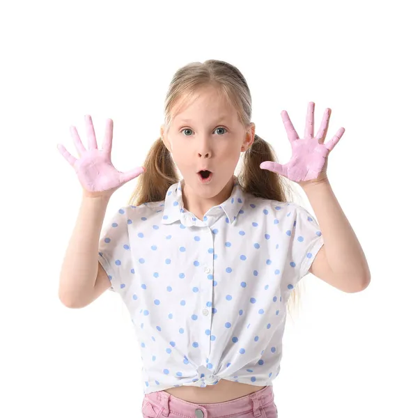 Έκπληκτο Κοριτσάκι Χέρια Βαμμένα Λευκό Φόντο — Φωτογραφία Αρχείου