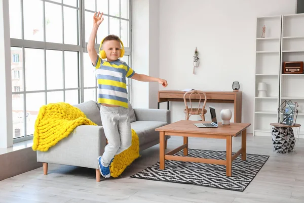 Cute Little Boy Listening Music Dancing Home — Stock Photo, Image