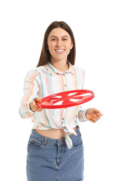 Mooie Jonge Vrouw Met Frisbee Schijf Witte Achtergrond — Stockfoto