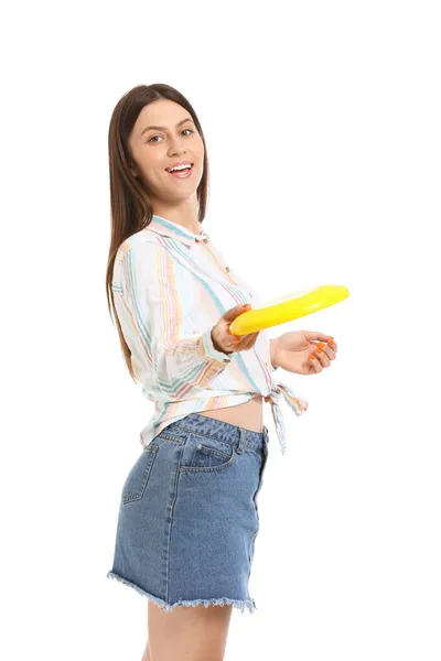 Mulher Bonita Com Disco Frisbee Fundo Branco — Fotografia de Stock