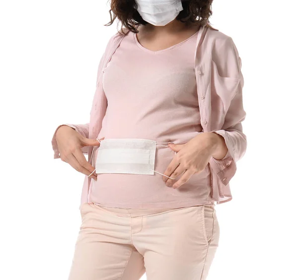 Young Pregnant Woman Medical Mask White Background — Stock Photo, Image