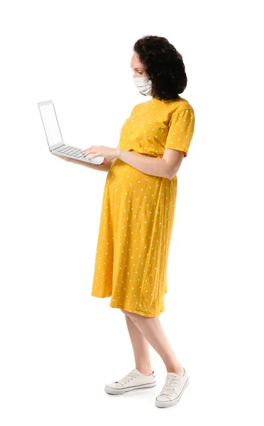 Young Pregnant Woman Medical Mask Using Laptop White Background — Stock Photo, Image