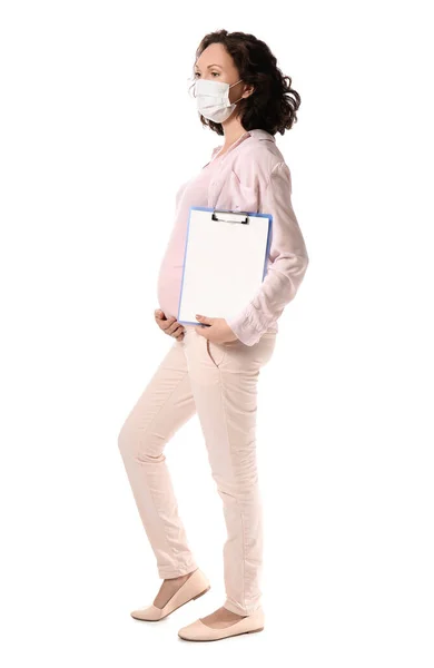 Young Pregnant Woman Medical Mask Clipboard White Background — Stock Photo, Image