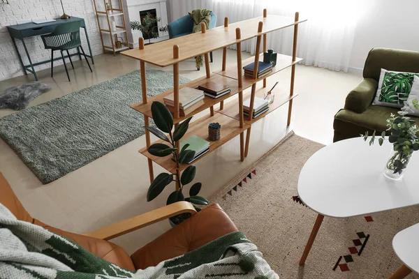 Bookshelf in interior of modern living room