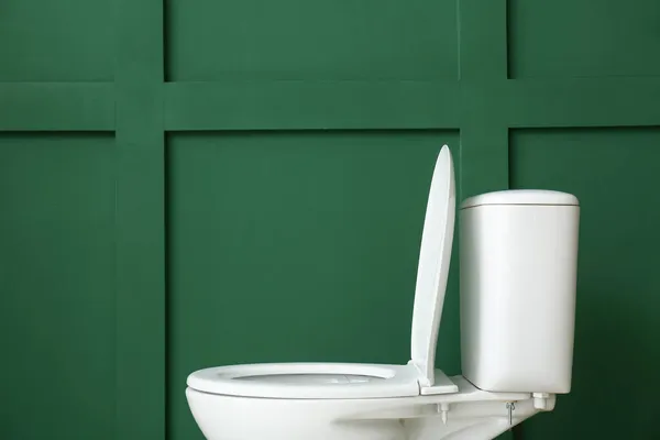 Biała Muszla Klozetowa Pobliżu Zielonej Ściany — Zdjęcie stockowe