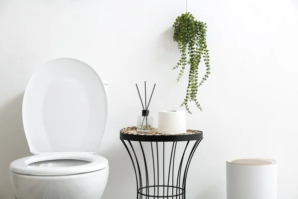 Toilet Mangkuk Meja Dengan Aksesoris Kamar Mandi Bin Dan Tanaman — Stok Foto