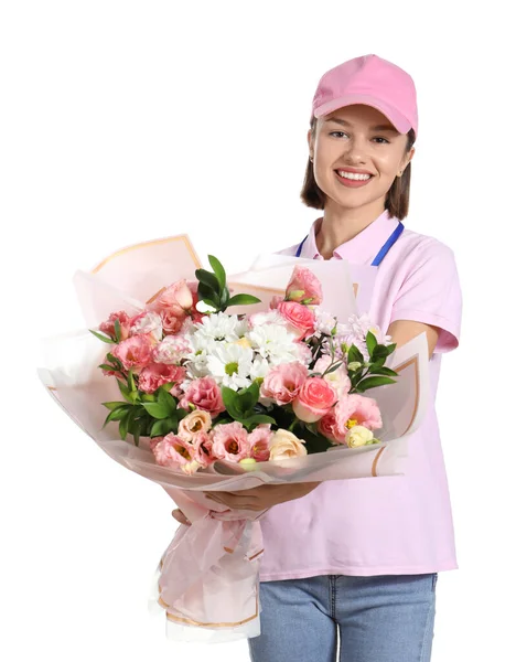 Female Courier Bouquet Flowers White Background — Stock Photo, Image