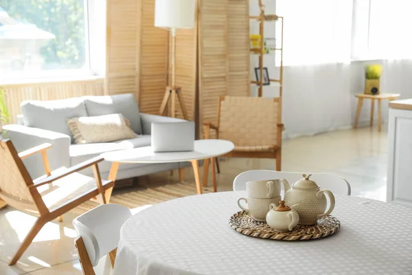 Tea Set Dining Table Studio Apartment — Stock Photo, Image