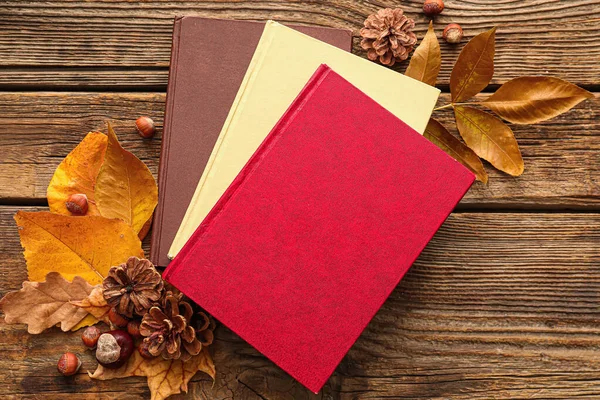 Stack Different Books Autumn Decor Wooden Background — Stock Photo, Image