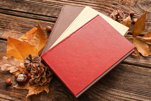 Stack Different Books Autumn Decor Wooden Background — Stock Photo, Image
