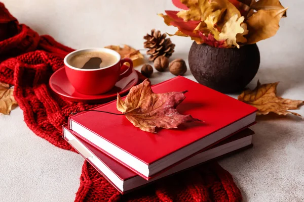 Stack Books Knitted Scarf Cup Coffee Vase Autumn Leaves Light — Stock Photo, Image
