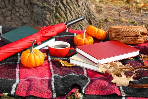 Stack Books Cup Coffee Umbrella Female Bag Pumpkins Autumn Leaves — Stock Photo, Image