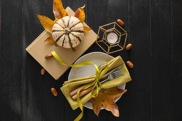 Composition Table Setting Autumn Decor Black Wooden Background — Stock Photo, Image