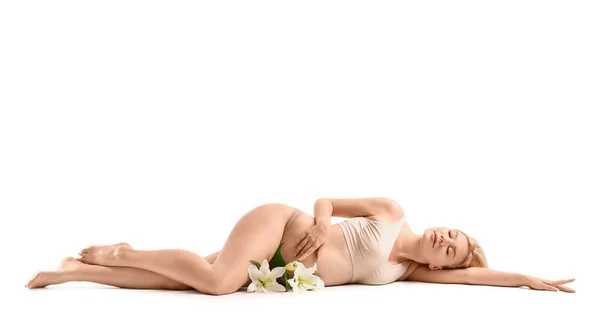 Gyönyörű Terhes Liliom Virágok Fekvő Ellen Fehér Háttér — Stock Fotó