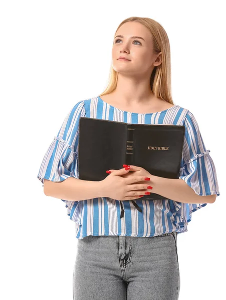 Mujer Rubia Joven Con Santa Biblia Sobre Fondo Blanco — Foto de Stock