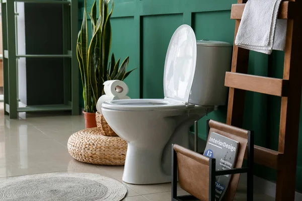 Toilet Bowl Ladder Magazine Stand Green Wall — Stock Photo, Image