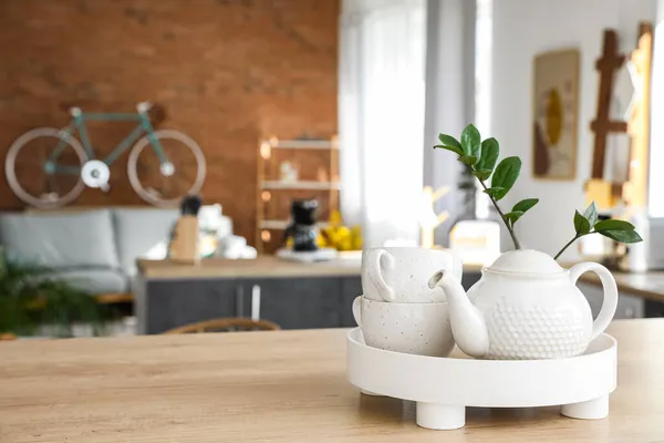 Tray Teapot Set Studio Apartment Background — Stock Photo, Image