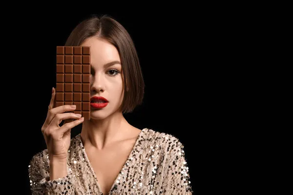 Beautiful Woman Sweet Chocolate Dark Background — Stock Photo, Image