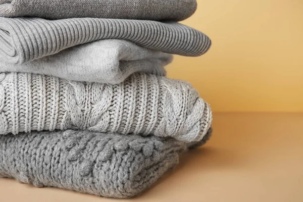 Stack Stylish Sweaters Table Closeup — Stock Photo, Image