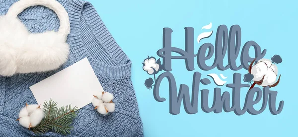 Winter Sweater Ear Warmers Cotton Flowers Blue Background Hello Winter — Stock Photo, Image