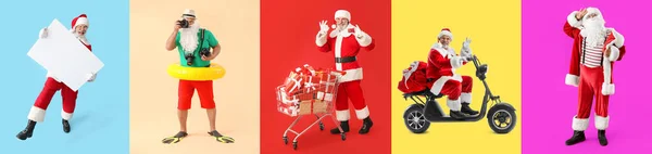 Set Von Verschiedenen Weihnachtsmännern Auf Farbigem Hintergrund — Stockfoto