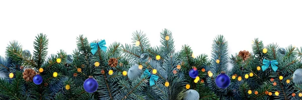 Gyönyörű Karácsonyi Díszek Fenyő Ágak Fehér Háttér — Stock Fotó