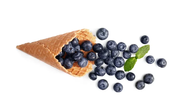 Wafer Cone Tasty Ripe Bilberries White Background — Stock Photo, Image