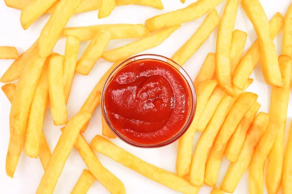 Leckere Pommes Mit Tomatensauce Auf Weißem Hintergrund — Stockfoto