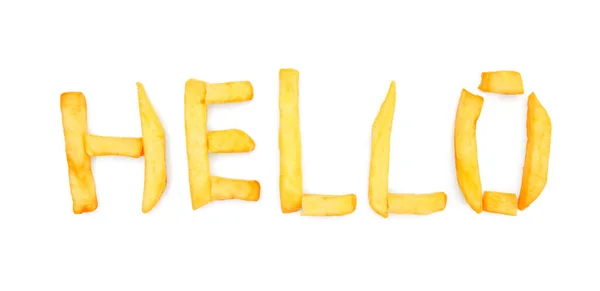Word Hello Φτιαγμένο Από Νόστιμες Τηγανητές Πατάτες Λευκό Φόντο — Φωτογραφία Αρχείου