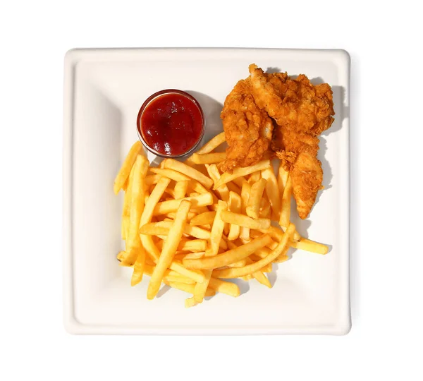 Plate Tasty French Fries Deep Fried Chicken Wings Tomato Sauce — Stock Photo, Image
