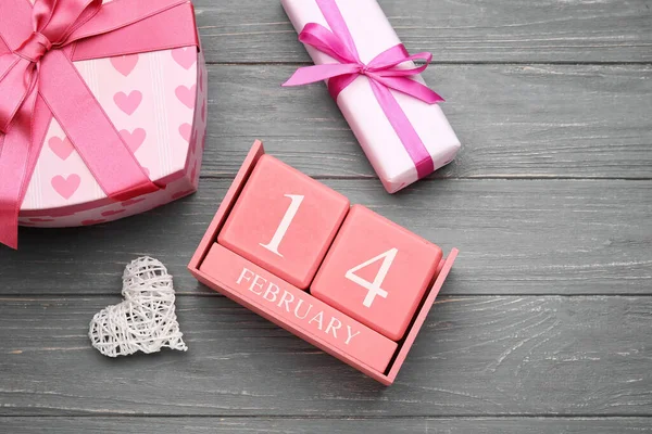 Calendar Date Valentines Day Gift Boxes Grey Wooden Background Closeup — Stock Photo, Image