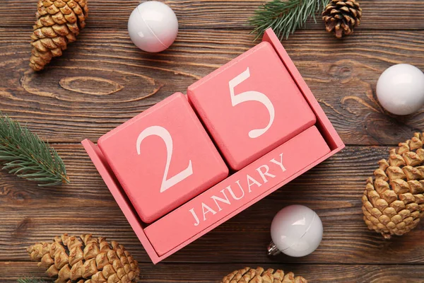 Calendar Date January Pine Cones Fir Branches Christmas Balls Wooden — Stock Photo, Image