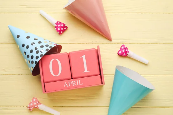 Calendar Date April Fools Day Party Hats Whistles Color Wooden — Stock Photo, Image