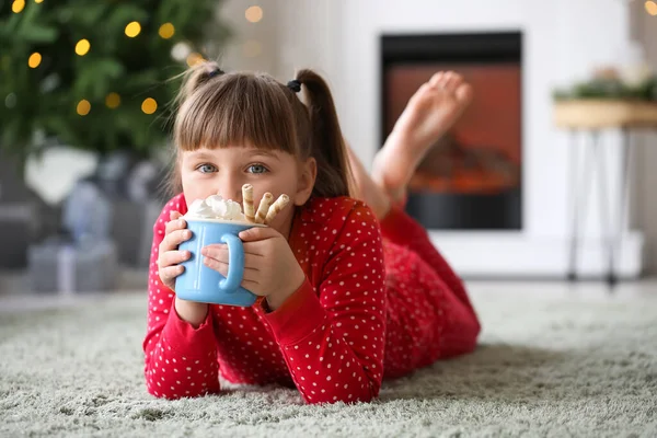 Little Girl Drinking Hot Cocoa Home — Stock Photo, Image