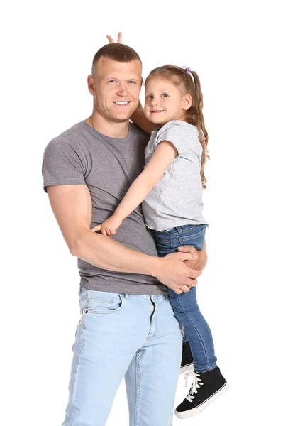 Little Girl Having Fun Dad Isolated White — Stock Photo, Image