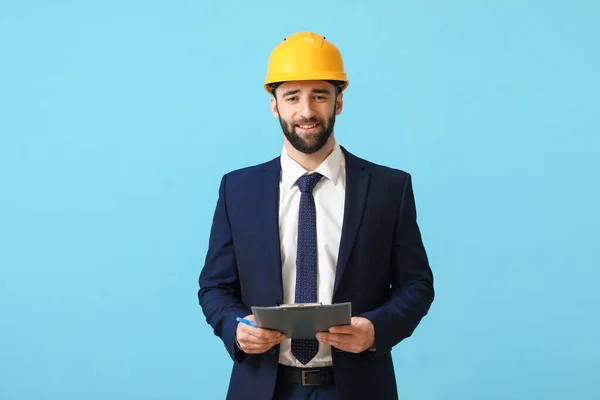 Industrial Engineer Hardhat Clipboard Blue Background — Stock Photo, Image