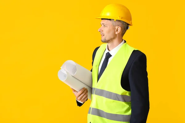 Male Architect Drawings Color Background — Stock Photo, Image