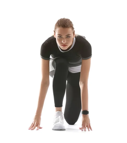 Sporty Young Woman Crouch Start Position White Background — Stock Photo, Image