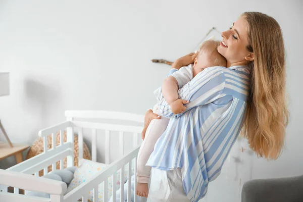 Young Mother Holding Her Cute Little Baby Home — Stock Photo, Image