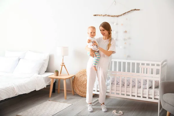 Young Mother Holding Her Cute Little Baby Crib Bedroom — Stock Photo, Image