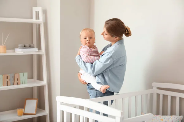 Young Mother Holding Her Little Baby Crib Bedroom — Stock Photo, Image