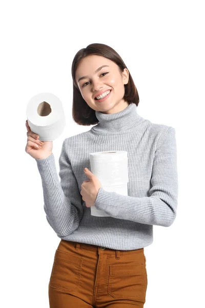 Young Woman Toilet Paper White Background — Stock Photo, Image