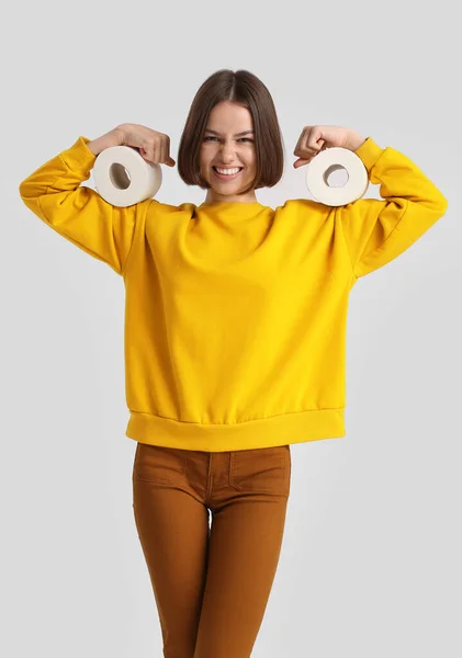 Funny Young Woman Toilet Paper Light Background — Stock Photo, Image